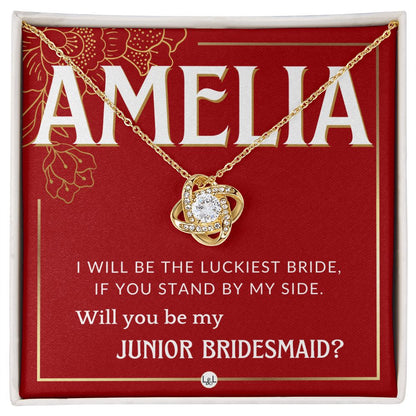 Junior Bridesmaid Proposal, Custom Name - Great Wedding Party Gift From Bride - Be By My Side Necklace - Red and Gold Wedding Theme