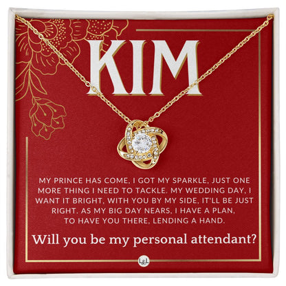 Wedding Personal Attendant Proposal, Custom Name - Wedding Helper - Wedding Party Gift Idea Necklace - Red and Gold Wedding Theme