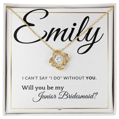 Junior Bridesmaid Proposal - Wedding Party Necklace - Gift From Bride - Will you be my Jr. Bridesmaid - Custom Name - Elegant White and Gold Wedding Theme