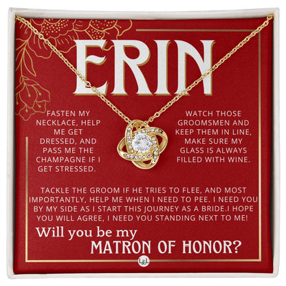 Matron of Honor Proposal Gift, Custom Name, Be My MOH Gift From Bride, Need You, Wedding Party Necklace - Red and Gold Wedding Theme