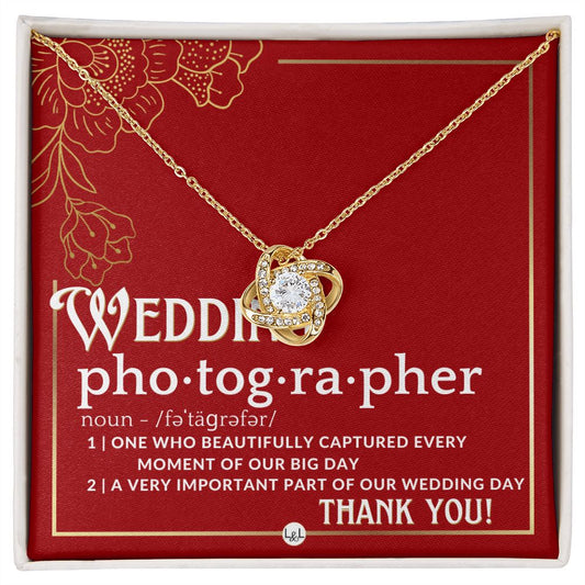 Wedding Photographer Gift - Thank You From Bride & Groom - Gratitude Gift, Token of Appreciation Necklace - Red and Gold Wedding Theme - Liliana and Liam