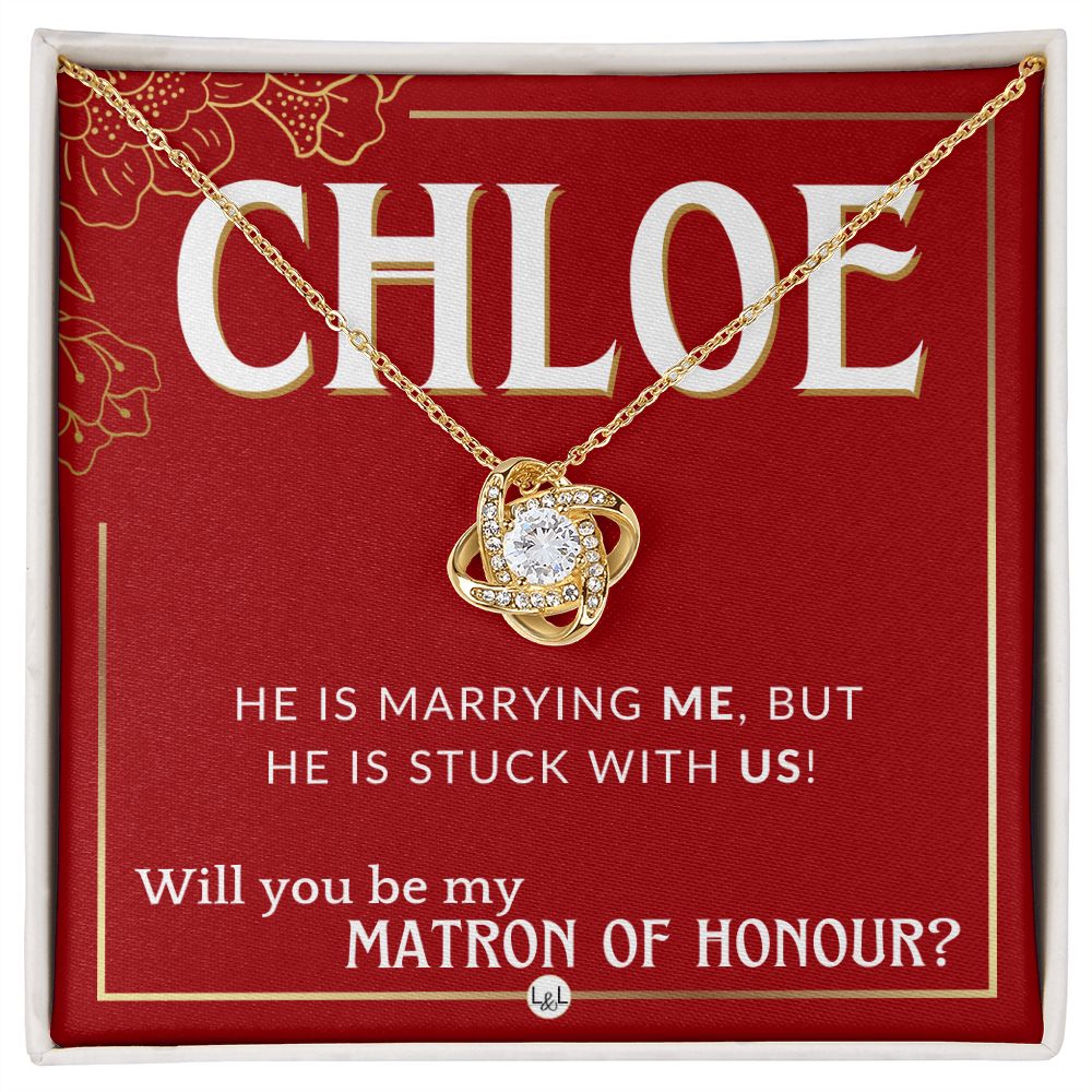Matron of Honour Proposal Gift, Custom Name - Unique Be My MOH Gift From Bride - Stuck With Us Necklace - Red and Gold Wedding Theme