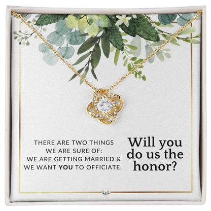 Wedding Officiant Proposal - Female Wedding Officiant, Pastor, Celebrants - Do Us The Honor , White and Green, Eucalyptus Wedding - Liliana and Liam
