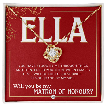 Matron of Honour Proposal Gift, Custom Name- Be My MOH Gift From Bride- Through Thick and Thin Necklace - Red and Gold Wedding Theme