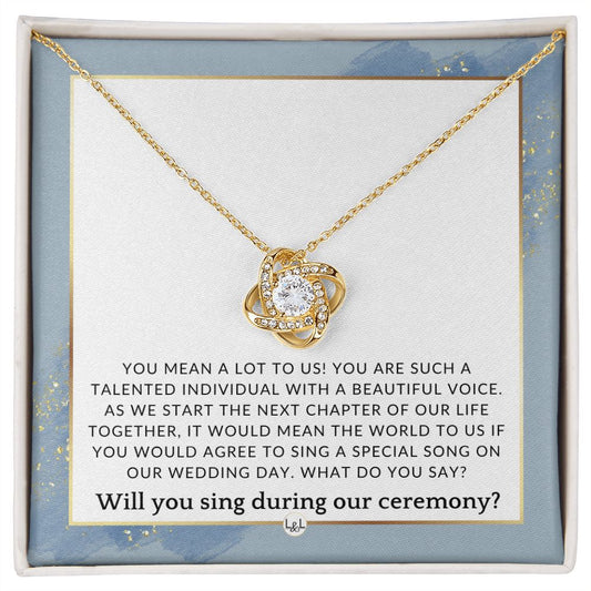Wedding Ceremony Singer Proposal - Will You Sign At Our Wedding - From The Bride and The Groom , Dusty Blue And Gold Wedding Theme - Liliana and Liam