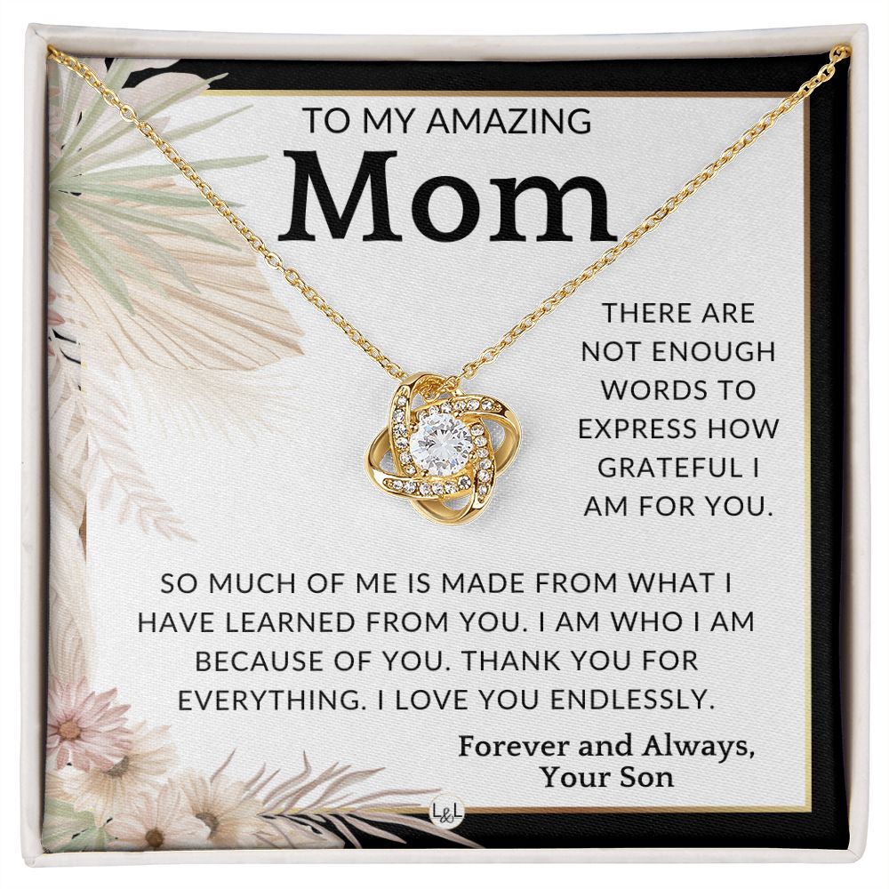 Gift for Mom, From Son - Im Grateful - To Mother, From Son - Beautiful Women's Pendant Necklace - Great For Mother's Day, Christmas, or Her Birthday - Liliana and Liam