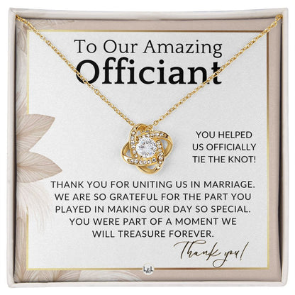 Gratitude and Appreciation - Elegant Knot Pendent Necklace - Gift For Female Wedding Officiant, Pastor - Pink Floral and Boho Theme - Liliana and Liam