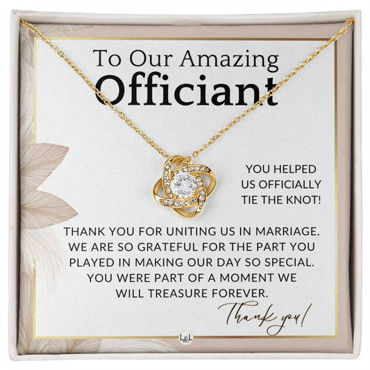 Gratitude and Appreciation - Elegant Knot Pendent Necklace - Gift For Female Wedding Officiant, Pastor - Pink Floral and Boho Theme - Liliana and Liam