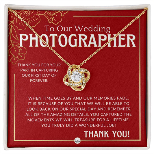 Wedding Photographer Gift - Thank You From The Couple - Gratitude Gift, Token of Appreciation Necklace - Red and Gold Wedding Theme - Liliana and Liam