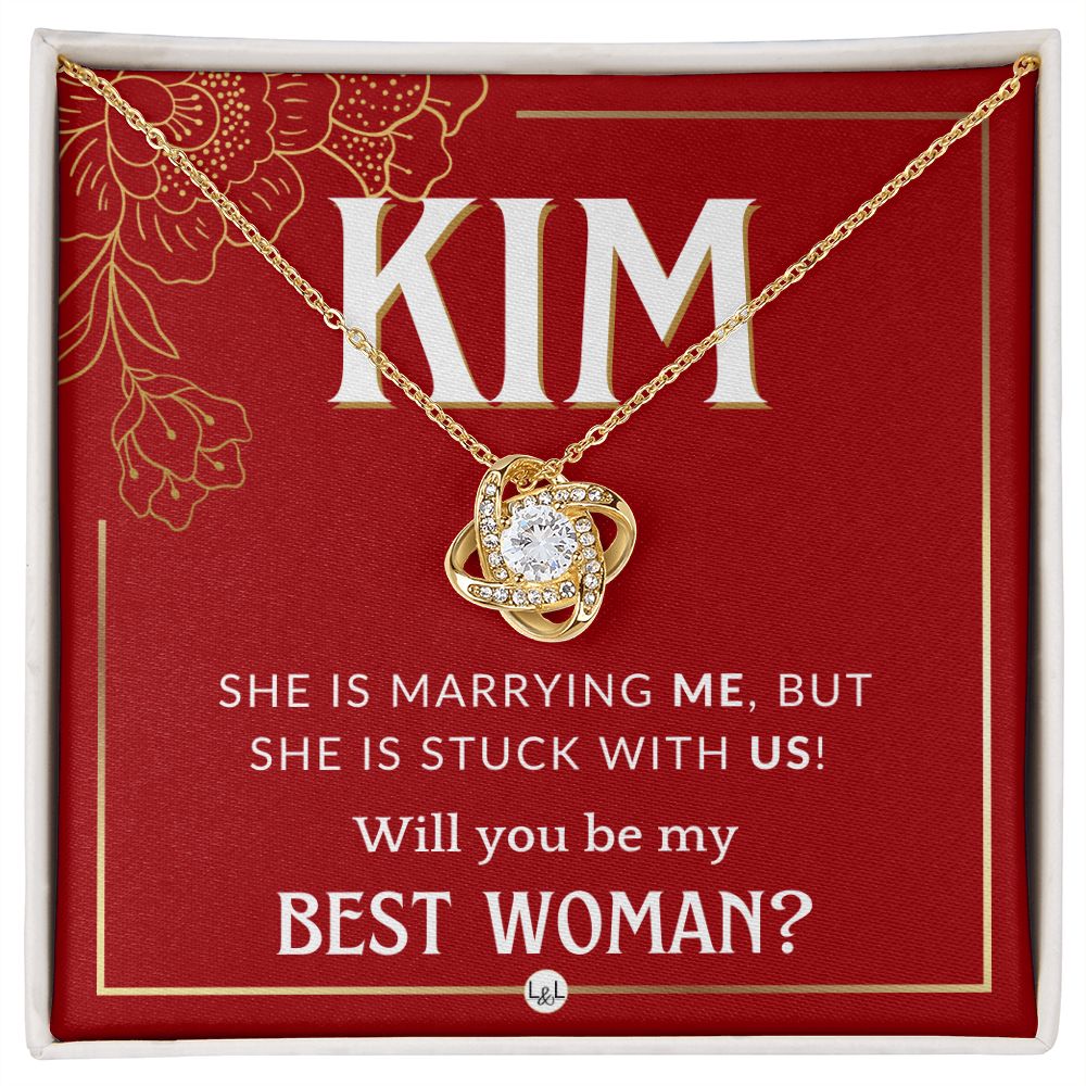 Best Woman Proposal, Custom Name - Wedding Party Necklace Gift From Groom - Be My Best Woman Necklace - Red and Gold Wedding Theme