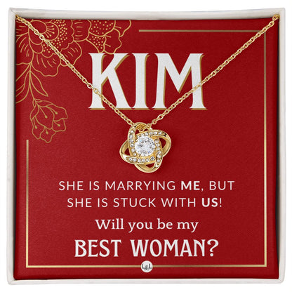 Best Woman Proposal, Custom Name - Wedding Party Necklace Gift From Groom - Be My Best Woman Necklace - Red and Gold Wedding Theme