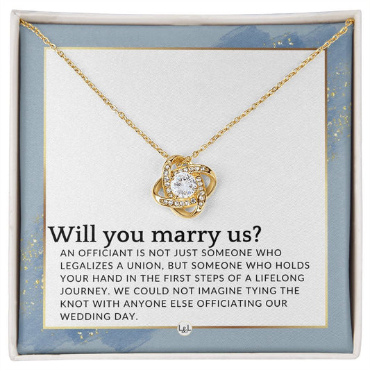 Wedding Officiant Proposal - Female Wedding Officiant, Pastor, Celebrants - Will You Marry Us , Dusty Blue And Gold Wedding Theme - Liliana and Liam