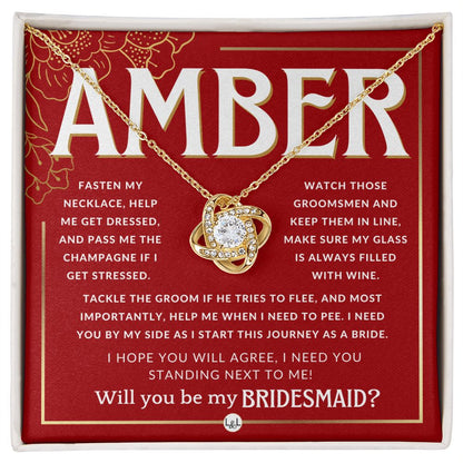 Bridesmaid Proposal, Custom Name- Wedding Party Jewelry Accessories From Bride - Will You Be Necklace - Red and Gold Wedding Theme