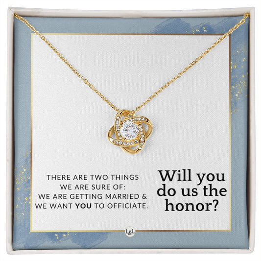 Wedding Officiant Proposal - Female Wedding Officiant, Pastor, Celebrants - Do Us The Honor , Dusty Blue And Gold Wedding Theme - Liliana and Liam