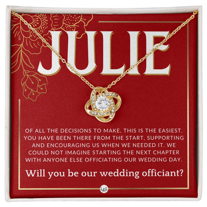 Wedding Officiant Proposal, Custom Name - Female Officiant, Vow Renewal - Of All The Decisions Necklace - Red and Gold Wedding Theme