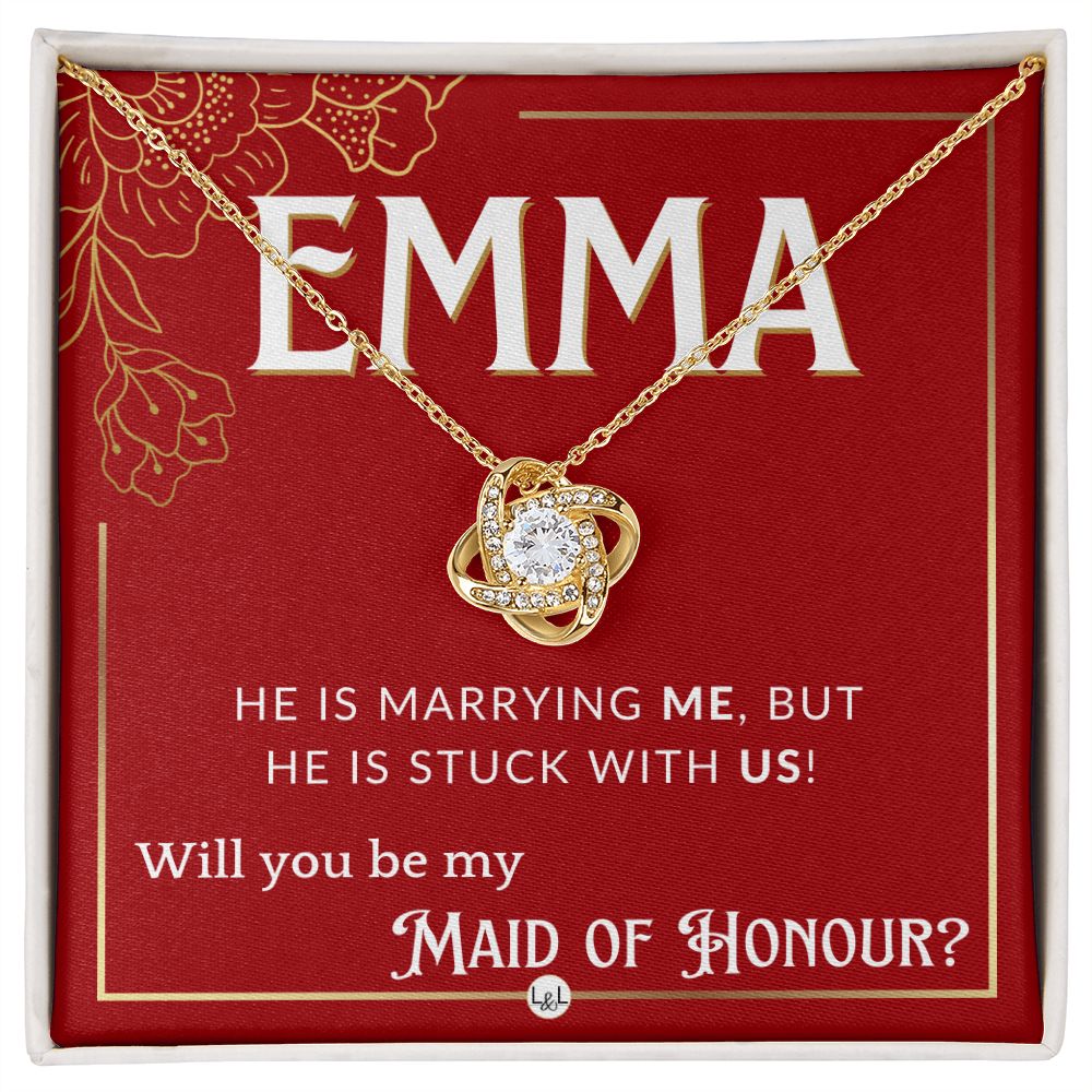 Maid of Honour Proposal, Custom Name - Be My Maid Of Honour - Wedding Party - Stuck with US Necklace - Red and Gold Wedding Theme
