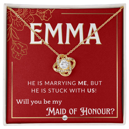 Maid of Honour Proposal, Custom Name - Be My Maid Of Honour - Wedding Party - Stuck with US Necklace - Red and Gold Wedding Theme