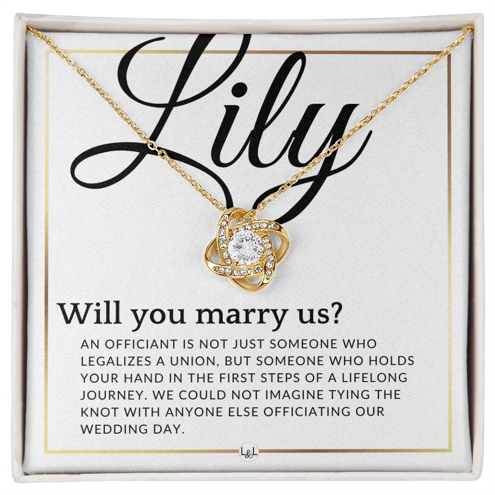 Wedding Officiant Proposal - For Female Officiant -  Will You Marry Us - Custom Name - Elegant White and Gold Wedding Theme