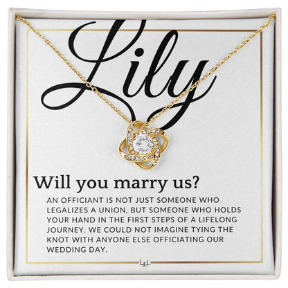 Wedding Officiant Proposal - For Female Officiant -  Will You Marry Us - Custom Name - Elegant White and Gold Wedding Theme