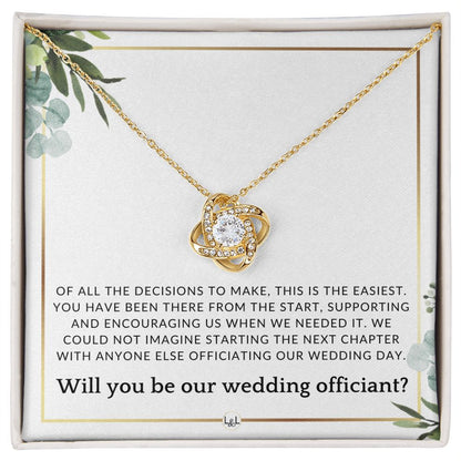 Wedding Officiant Proposal - Female Wedding Officiant, Pastor, Celebrants - Of All The Decisions , White and Green, Eucalyptus Wedding - Liliana and Liam