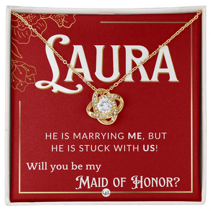 Maid of Honor Proposal, Custom Name - Be My Maid Of Honor - Wedding Party MOH - Stuck with US Necklace - Red and Gold Wedding Theme