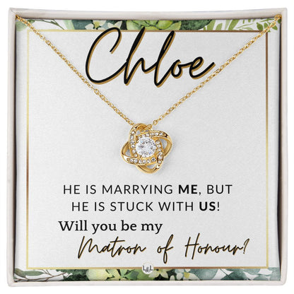 Matron of Honour Proposal Gift, Custom Name - Unique Be My MOH Gift From Bride - Stuck With Us , White and Green, Eucalyptus Wedding