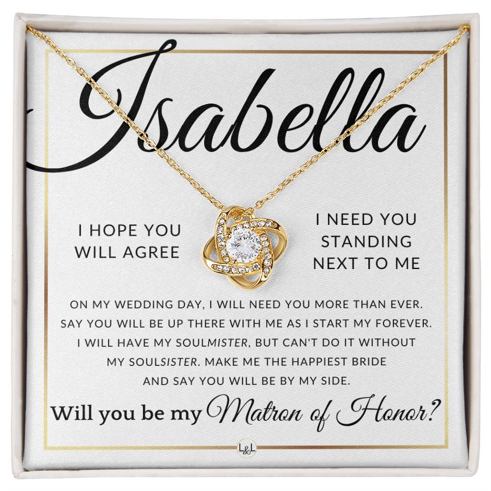 Matron of Honor Proposal - Wedding Party Necklace - Gift From Bride - Say You Will Be By My Side - Custom Name - Elegant White and Gold Wedding Theme