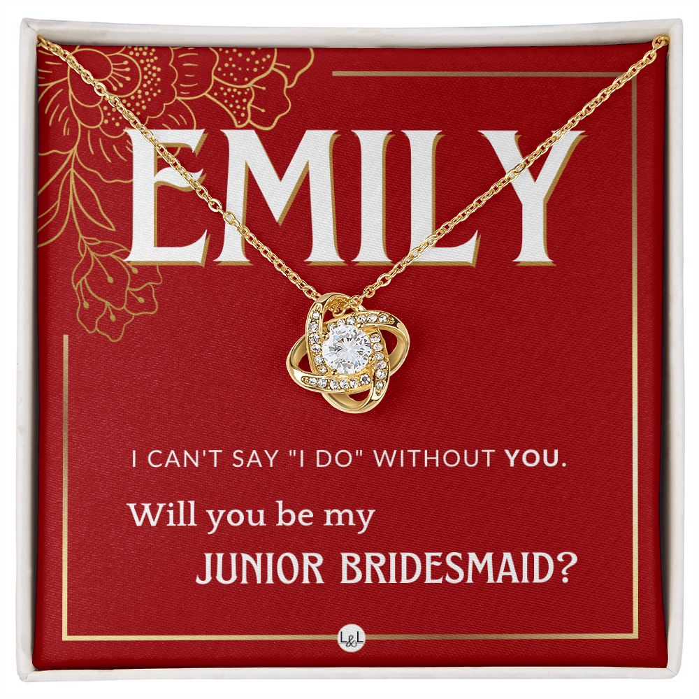 Junior Bridesmaid Proposal, Custom Name - Wedding Party Gift From Bride - Be My Jr. Bridesmaid Necklace - Red and Gold Wedding Theme