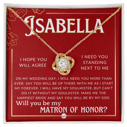 Matron of Honor Proposal Gift, Custom Name, Be My MOH Gift From Bride, By My Side Wedding Party Necklace - Red and Gold Wedding Theme