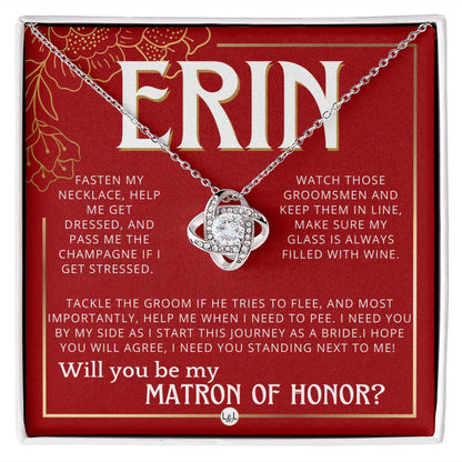Matron of Honor Proposal Gift, Custom Name, Be My MOH Gift From Bride, Need You, Wedding Party Necklace - Red and Gold Wedding Theme