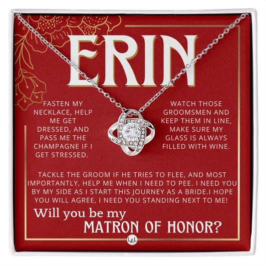 Matron of Honor Proposal Gift, Custom Name, Be My MOH Gift From Bride, Need You, Wedding Party Necklace - Red and Gold Wedding Theme