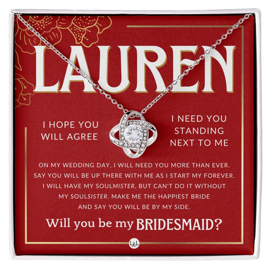 Bridesmaid Proposal, Custom Name- Wedding Party Jewelry Accessories From Bride - Be By My Side Necklace - Red and Gold Wedding Theme