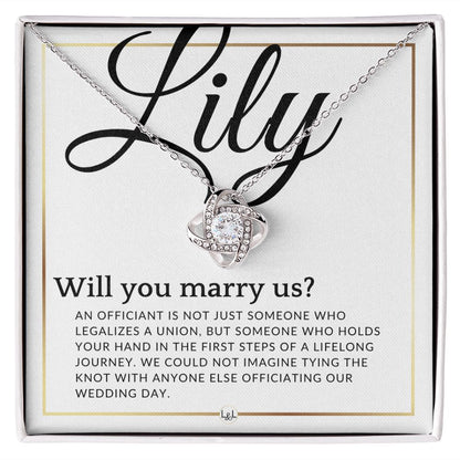 Wedding Officiant Proposal - For Female Officiant -  Will You Marry Us - Custom Name - Elegant White and Gold Wedding Theme