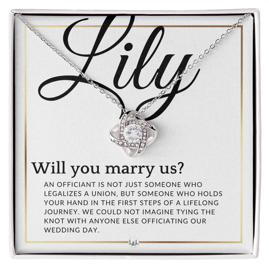 Wedding Officiant Proposal - For Female Officiant -  Will You Marry Us - Custom Name - Elegant White and Gold Wedding Theme