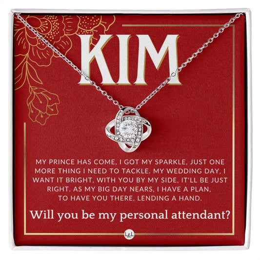 Wedding Personal Attendant Proposal, Custom Name - Wedding Helper - Wedding Party Gift Idea Necklace - Red and Gold Wedding Theme
