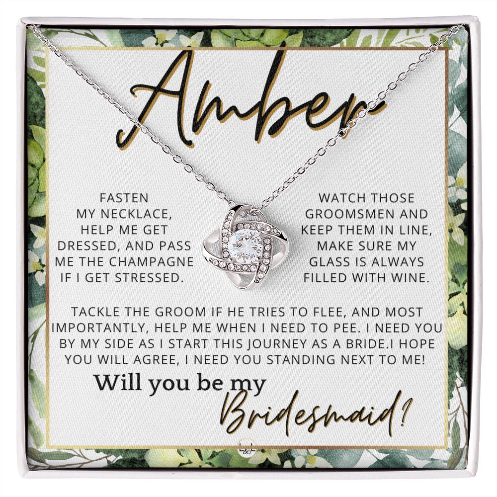 Bridesmaid Proposal, Custom Name- Wedding Party Jewelry Accessories From Bride - Will You Be , White and Green, Eucalyptus Wedding