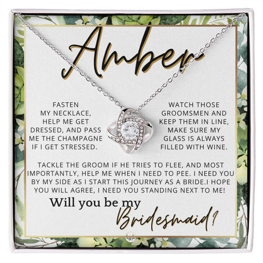 Bridesmaid Proposal, Custom Name- Wedding Party Jewelry Accessories From Bride - Will You Be , White and Green, Eucalyptus Wedding