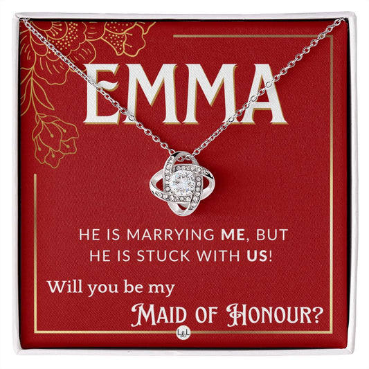 Maid of Honour Proposal, Custom Name - Be My Maid Of Honour - Wedding Party - Stuck with US Necklace - Red and Gold Wedding Theme