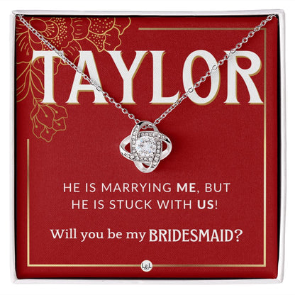Bridesmaid Proposal Custom Name - Wedding Party Jewelry Accessories From Bride - Stuck With US Necklace - Red and Gold Wedding Theme