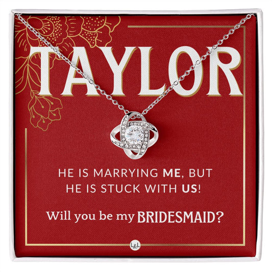Bridesmaid Proposal Custom Name - Wedding Party Jewelry Accessories From Bride - Stuck With US Necklace - Red and Gold Wedding Theme