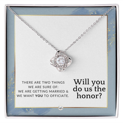 Wedding Officiant Proposal - Female Wedding Officiant, Pastor, Celebrants - Do Us The Honor , Dusty Blue And Gold Wedding Theme - Liliana and Liam