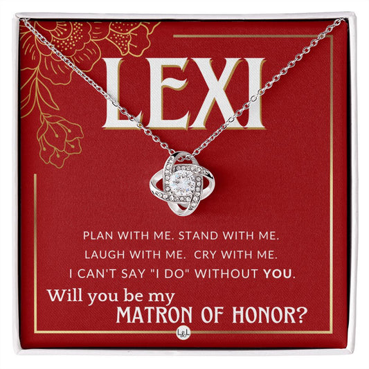 Matron of Honor Proposal, Custom Name - Be My Maid Of Honor, MOH Gift From Bride, Plan With Me Necklace - Red and Gold Wedding Theme