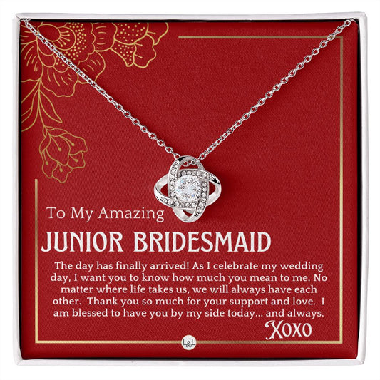 Junior Bridesmaid Gift - On My Wedding Day For Jr. Bridesmaid - Wedding Party Thank You Gift Necklace - Red and Gold Wedding Theme - Liliana and Liam