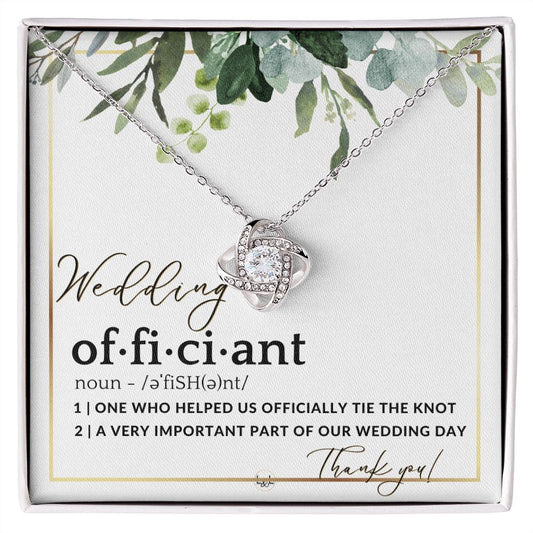 Thank You For Marrying Us - Elegant Knot Pendent Necklace - Gift For Female Wedding Officiant, Pastor - Eucalyptus Theme - Liliana and Liam
