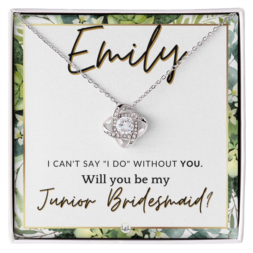 Junior Bridesmaid Proposal, Custom Name - Wedding Party Gift From Bride - Be My Jr. Bridesmaid , White and Green, Eucalyptus Wedding