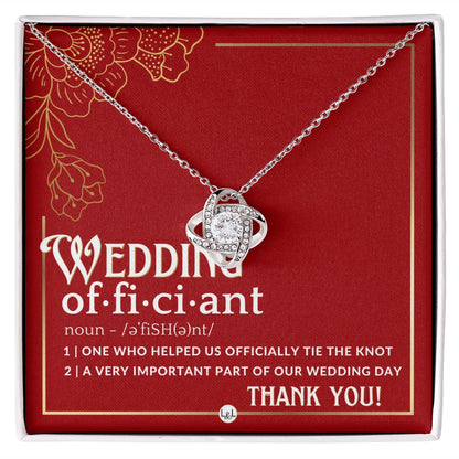 Thank You For Marrying Us - Elegant Knot Pendent Necklace - Gift For Female Wedding Officiant, Pastor - Red and Gold Theme - Liliana and Liam