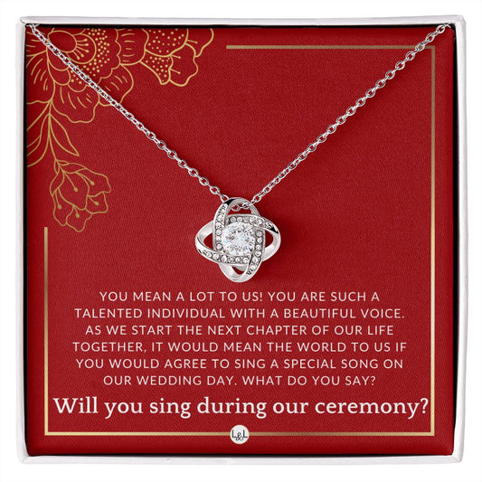 Wedding Ceremony Singer Proposal - Will You Sign At Our Wedding - From The Bride and The Groom Necklace - Red and Gold Wedding Theme - Liliana and Liam
