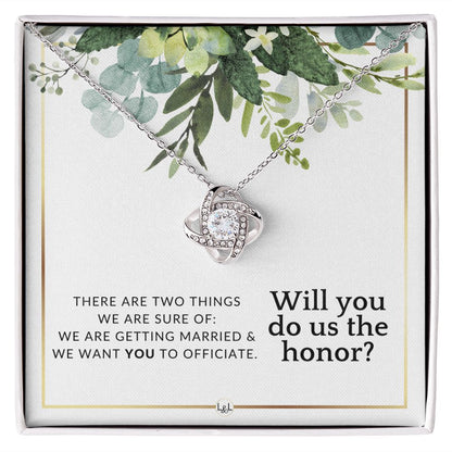 Wedding Officiant Proposal - Female Wedding Officiant, Pastor, Celebrants - Do Us The Honor , White and Green, Eucalyptus Wedding - Liliana and Liam