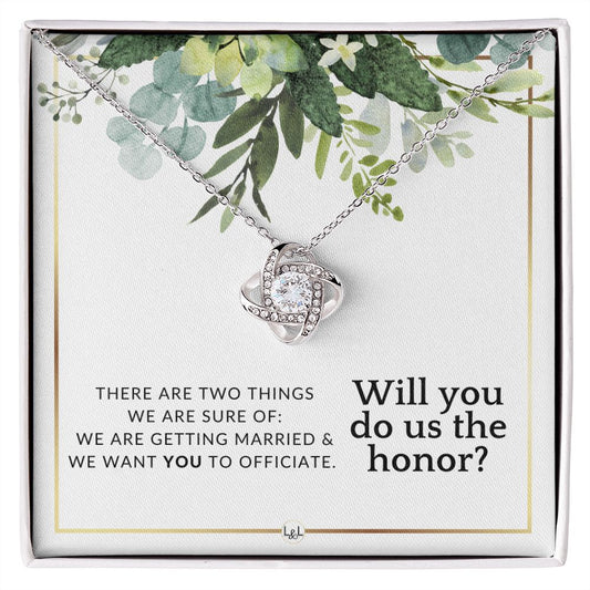 Wedding Officiant Proposal - Female Wedding Officiant, Pastor, Celebrants - Do Us The Honor , White and Green, Eucalyptus Wedding - Liliana and Liam