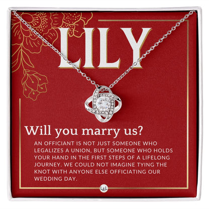 Wedding Officiant Proposal, Custom Name - Female Officiant, Vow Renewal - Will You Marry Us Necklace - Red and Gold Wedding Theme